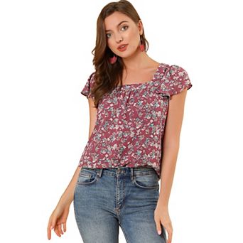 Women's Chiffon Ruffle Sleeve Vintage Layered Floral Print Blouse Top