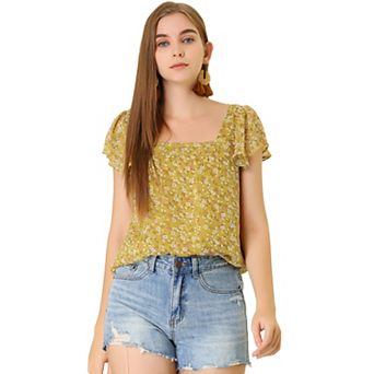 Women's Chiffon Ruffle Sleeve Vintage Layered Floral Print Blouse Top