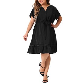 Women's Plus Size V Neck Short Sleeve Tie Waist Ruffle Hem Dresses