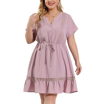 Women's Plus Size V Neck Short Sleeve Tie Waist Ruffle Hem Dresses