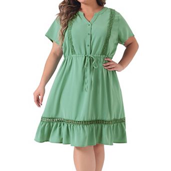 Women's Plus Size V Neck Short Sleeve Tie Waist Ruffle Hem Dresses