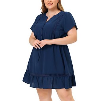 Women's Plus Size V Neck Short Sleeve Tie Waist Ruffle Hem Dresses