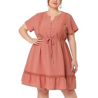 Women's Plus Size V Neck Short Sleeve Tie Waist Ruffle Hem Dresses