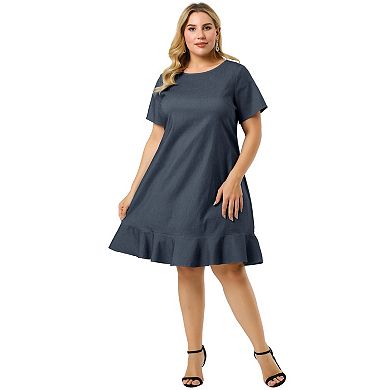 Women's Plus Size Denim Ruffle Summer Casual Short Sleeve Dress