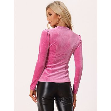Women's Metallic Velvet Long Sleeve Mock Neck Vintage Glitter T-shirt