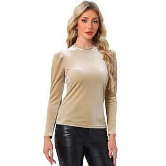 Women's Metallic Velvet Long Sleeve Mock Neck Vintage Glitter T-shirt