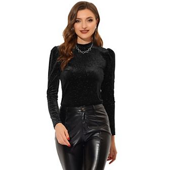 Women's Metallic Velvet Long Sleeve Mock Neck Vintage Glitter T-shirt