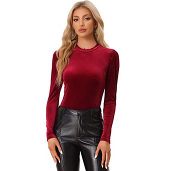 Women's Metallic Velvet Long Sleeve Mock Neck Vintage Glitter T-shirt