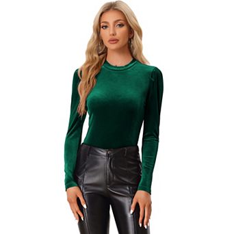 Women's Metallic Velvet Long Sleeve Mock Neck Vintage Glitter T-shirt