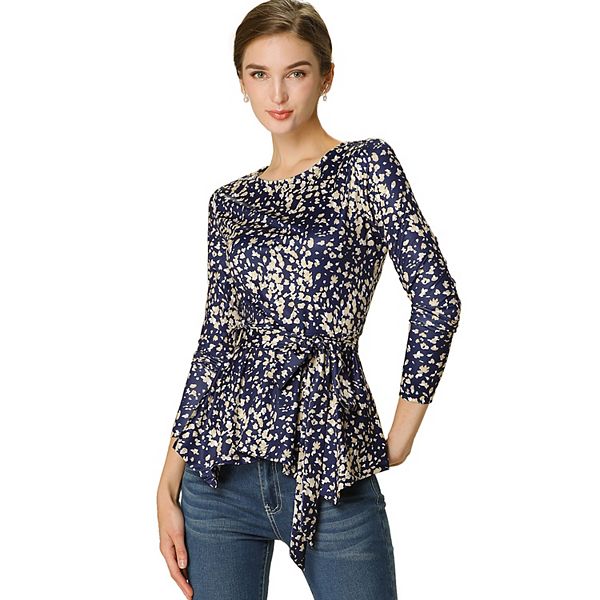 Women's Floral Long Sleeve Asymmetrical Ruffle Hem Belted Flare Peplum Tops