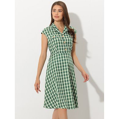 Women's Button Front Cap Sleeve Retro Belted Plaid Dresses
