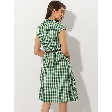 Women's Button Front Cap Sleeve Retro Belted Plaid Dresses