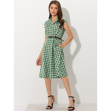 Women's Button Front Cap Sleeve Retro Belted Plaid Dresses