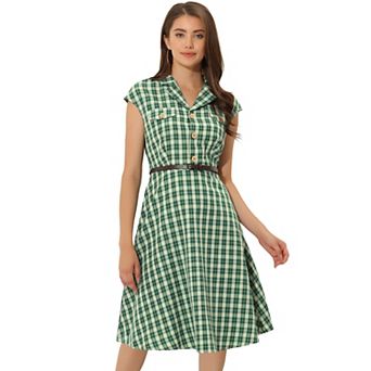 Women's Button Front Cap Sleeve Retro Belted Plaid Dresses