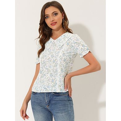 Women's Floral Peter Pan Collar Lace Trim Ruffle Sleeve Blouse