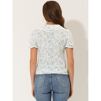 Women's Floral Peter Pan Collar Lace Trim Ruffle Sleeve Blouse