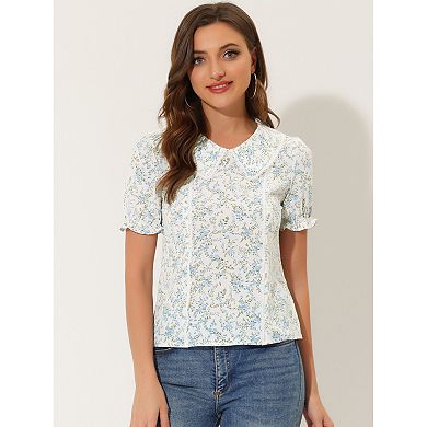Women's Floral Peter Pan Collar Lace Trim Ruffle Sleeve Blouse
