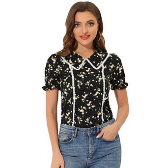 Women's Floral Peter Pan Collar Lace Trim Ruffle Sleeve Blouse