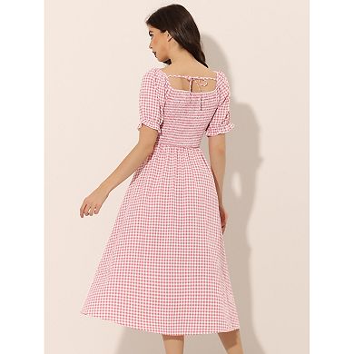 Smocked Dress For Women's Short Sleeve Square Neck Gingham Dresses