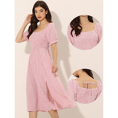 Smocked Dress For Women's Short Sleeve Square Neck Gingham Dresses