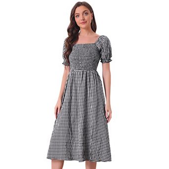 Smocked Dress For Women's Short Sleeve Square Neck Gingham Dresses
