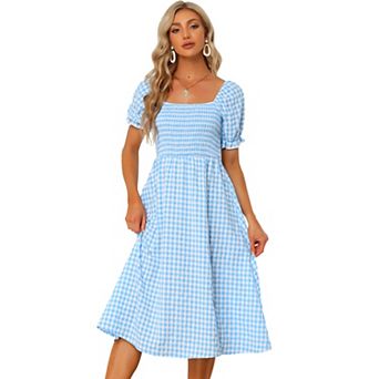 Smocked Dress For Women's Short Sleeve Square Neck Gingham Dresses
