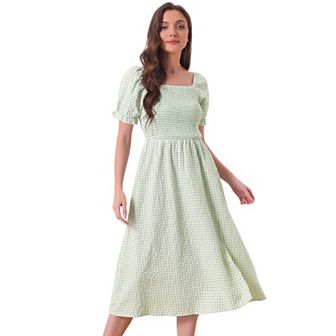 Smocked Dress For Women's Short Sleeve Square Neck Gingham Dresses