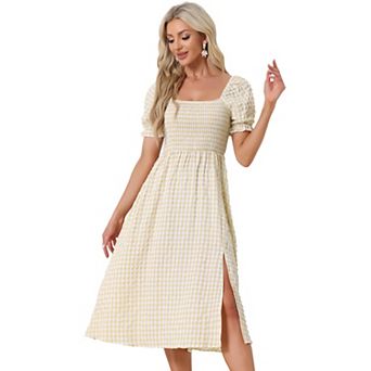 Smocked Dress For Women's Short Sleeve Square Neck Gingham Dresses