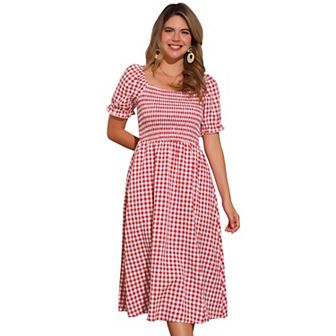 Smocked Dress For Women's Short Sleeve Square Neck Gingham Dresses