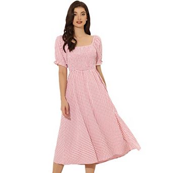 Smocked Dress For Women's Short Sleeve Square Neck Gingham Dresses