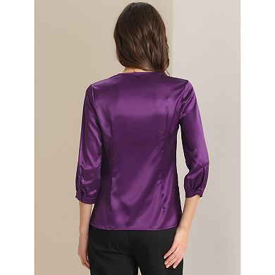 Women's V Neck 3/4 Sleeve Casual Office Work Satin Blouses