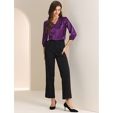 Women's V-Neck 3/4 Sleeve Casual Office Work Satin Blouses