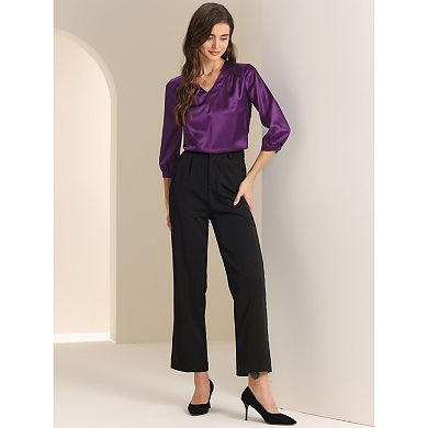 Women's V Neck 3/4 Sleeve Casual Office Work Satin Blouses