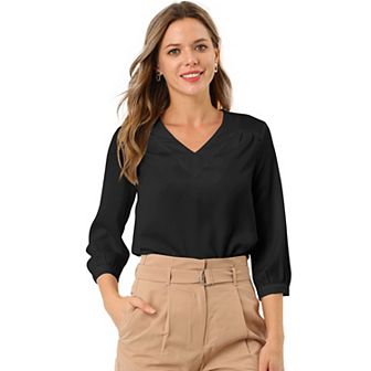 Women's V Neck 3/4 Sleeve Casual Office Work Satin Blouses