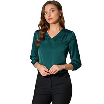 Women's V Neck 3/4 Sleeve Casual Office Work Satin Blouses