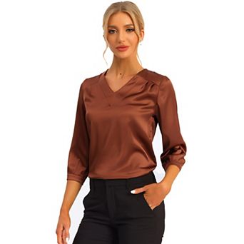 Women's V Neck 3/4 Sleeve Casual Office Work Satin Blouses