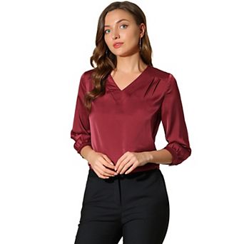 Women's V Neck 3/4 Sleeve Casual Office Work Satin Blouses