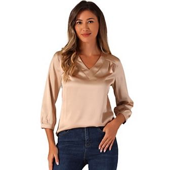 Women's V-Neck 3/4 Sleeve Casual Office Work Satin Blouses