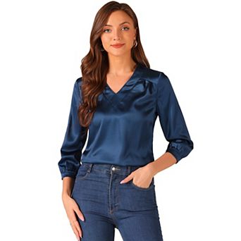 Women's V Neck 3/4 Sleeve Casual Office Work Satin Blouses