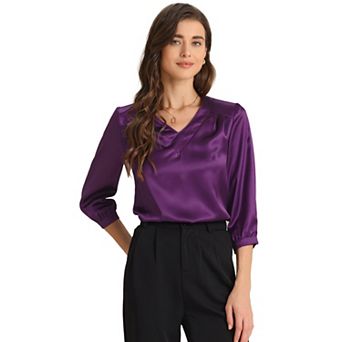 Women's V-Neck 3/4 Sleeve Casual Office Work Satin Blouses