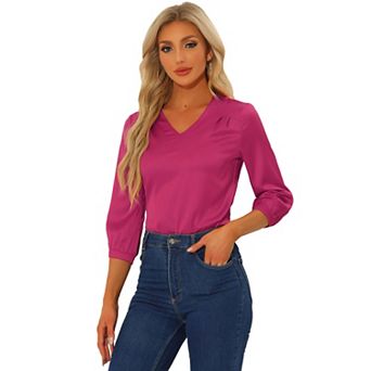 Women's V-Neck 3/4 Sleeve Casual Office Work Satin Blouses