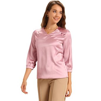 Women's V Neck 3/4 Sleeve Casual Office Work Satin Blouses