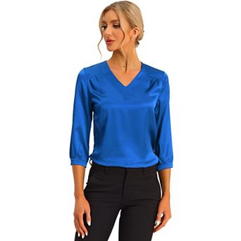 Women's V Neck 3/4 Sleeve Casual Office Work Satin Blouses