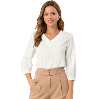 Women's V Neck 3/4 Sleeve Casual Office Work Satin Blouses