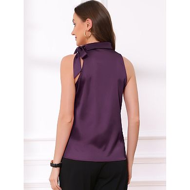 Women's Elegant Satin Sleeveless Bow Knot Tie Mock Neck Solid Work Blouse Top