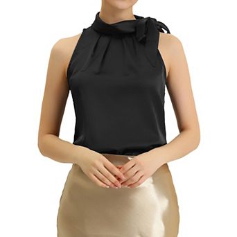 Women's Elegant Satin Sleeveless Bow Knot Tie Mock Neck Solid Work Blouse Top