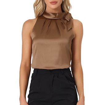 Women's Elegant Satin Sleeveless Bow Knot Tie Mock Neck Solid Work Blouse Top