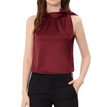 Women's Elegant Satin Sleeveless Bow Knot Tie Mock Neck Solid Work Blouse Top