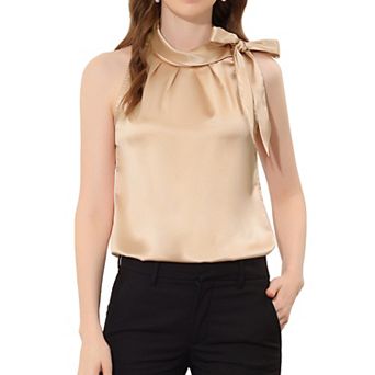 Women's Elegant Satin Sleeveless Bow Knot Tie Mock Neck Solid Work Blouse Top