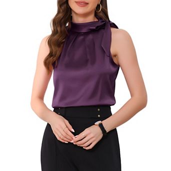 Women's Elegant Satin Sleeveless Bow Knot Tie Mock Neck Solid Work Blouse Top